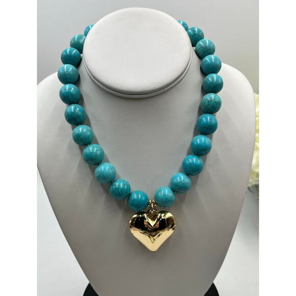 ETTIKA Chunky Beaded Turquoise 18k Gold Plated Heart Necklace New - Picture 13 of 13